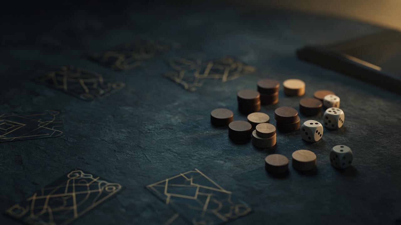 Bureau d'analyse avec cartes et pions de plateau sous lumière tamisée